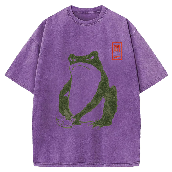 Retro Frog Design Washed Crew Neck T-Shirt