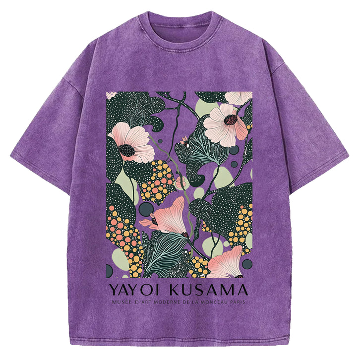 Yayoi Kusama Flower Vintage Design Washed Crew Neck T-Shirt