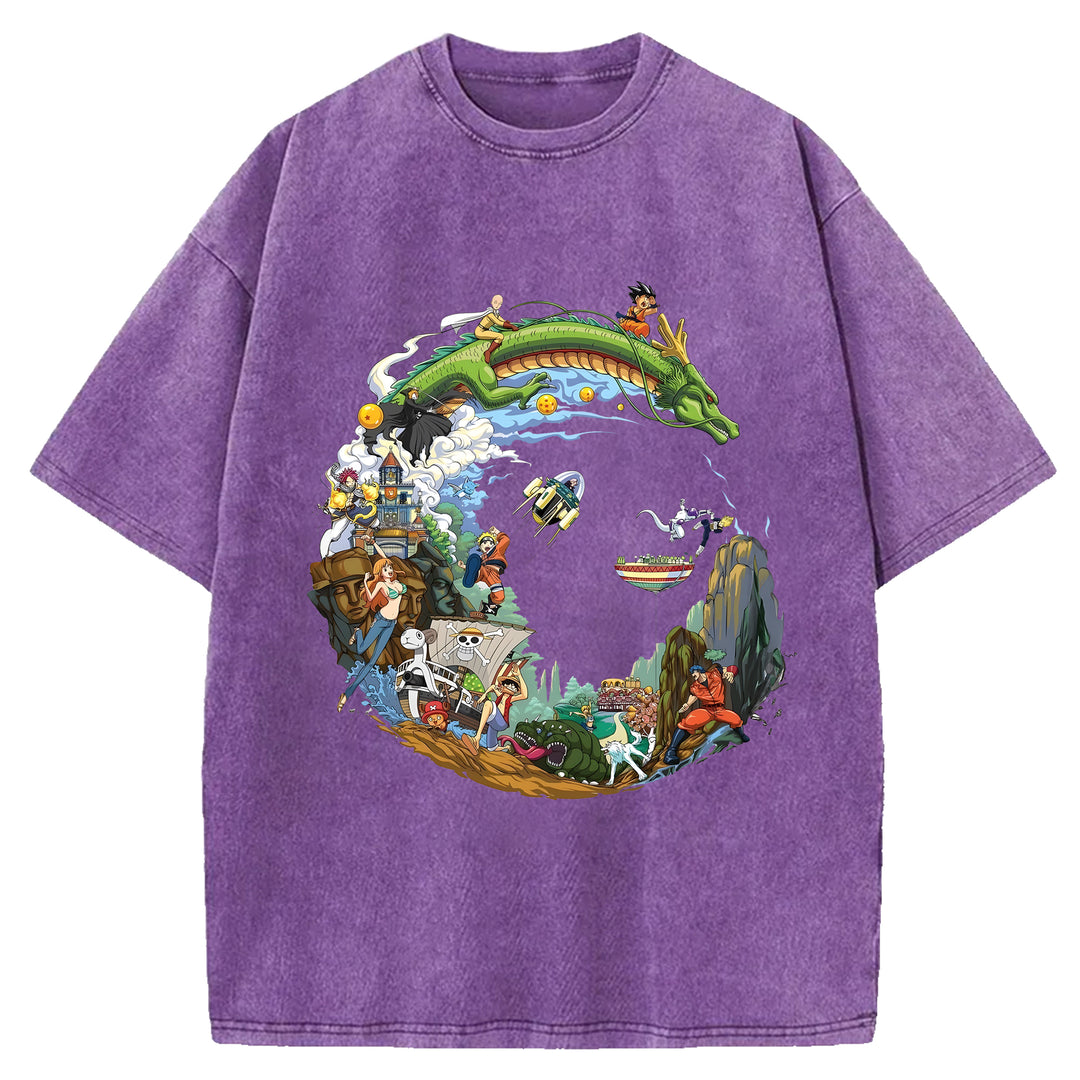 Japanese Anime Collection Washed Crew Neck T-Shirt