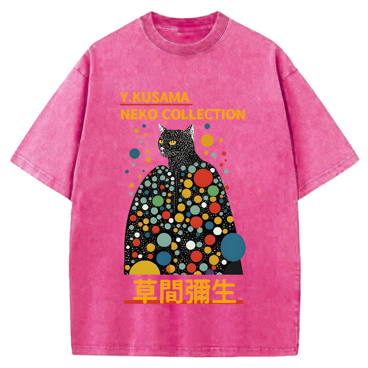 Yayoi Kusama Cat Vintage Japanese Design Washed Crew Neck T-Shirt