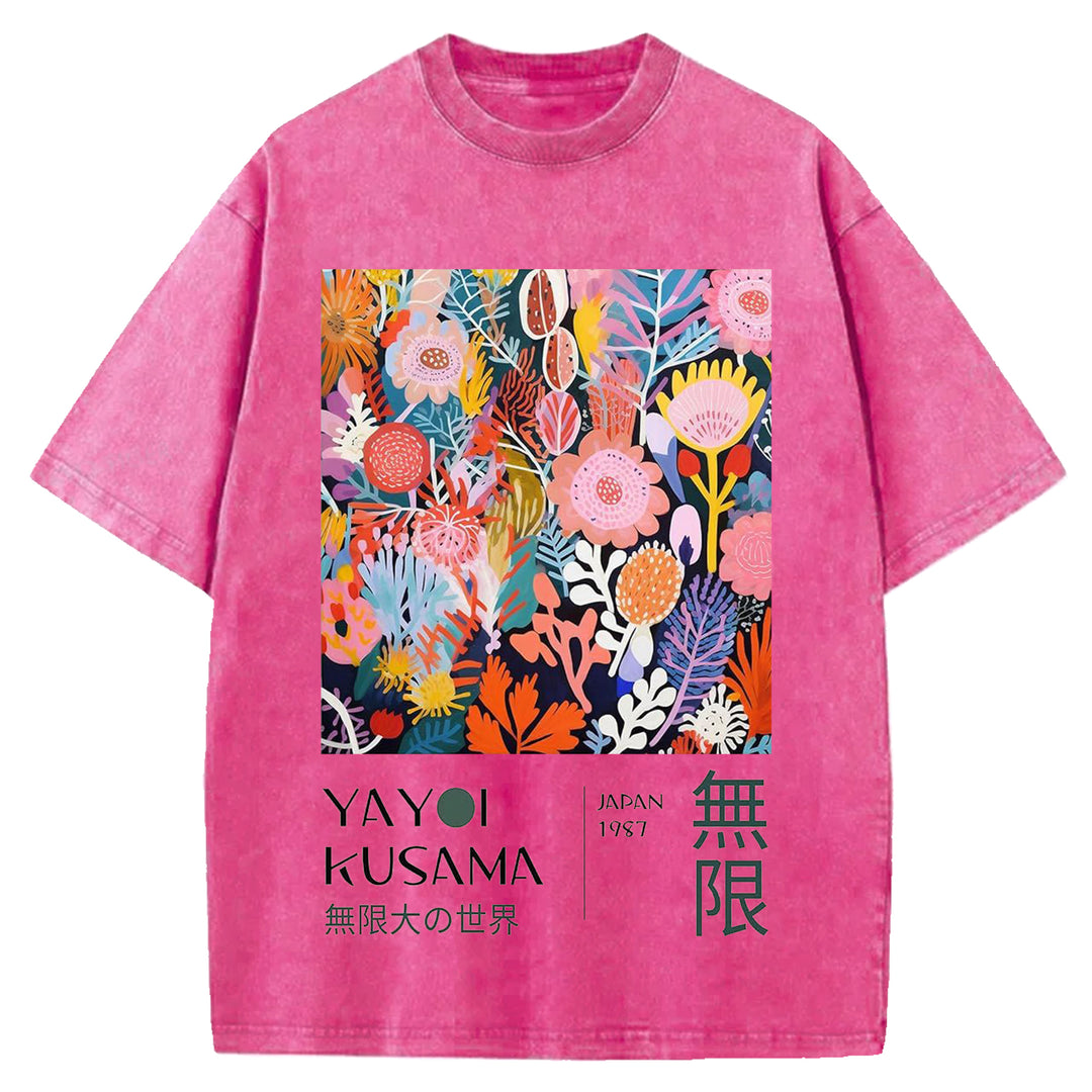 Yayoi Kusama Flowers Vintage Design Washed Crew Neck T-Shirt