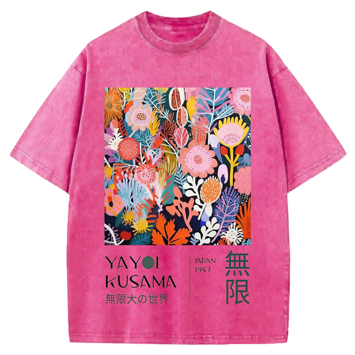 Yayoi Kusama Flowers Vintage Design Washed Crew Neck T-Shirt