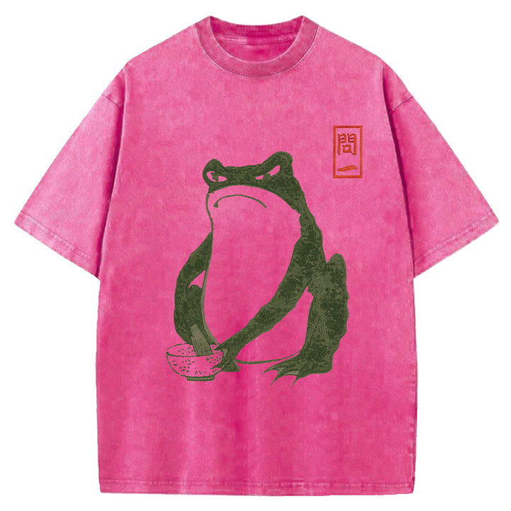 Retro Frog Design Washed Crew Neck T-Shirt