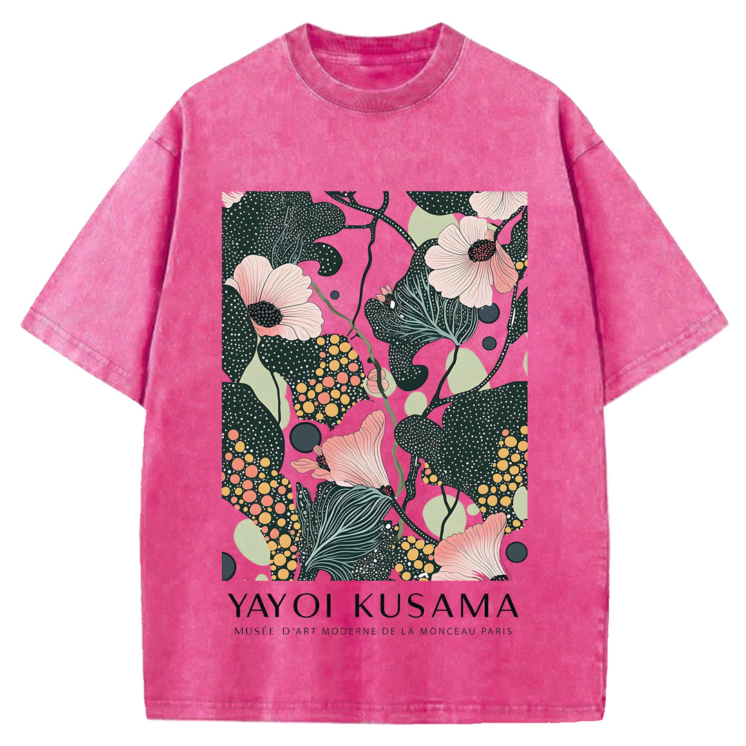 Yayoi Kusama Flower Vintage Design Washed Crew Neck T-Shirt