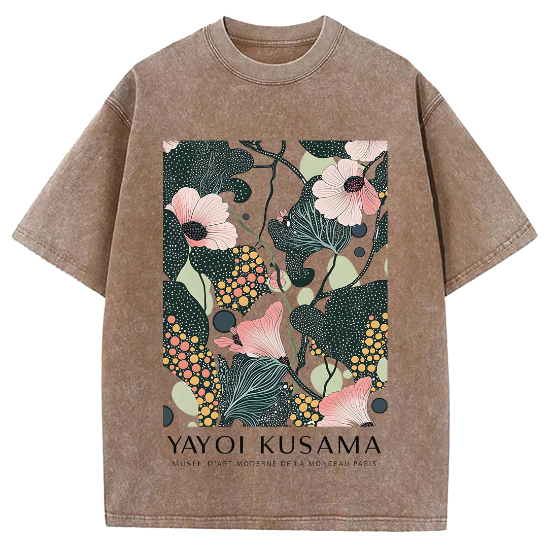Yayoi Kusama Flower Vintage Design Washed Crew Neck T-Shirt