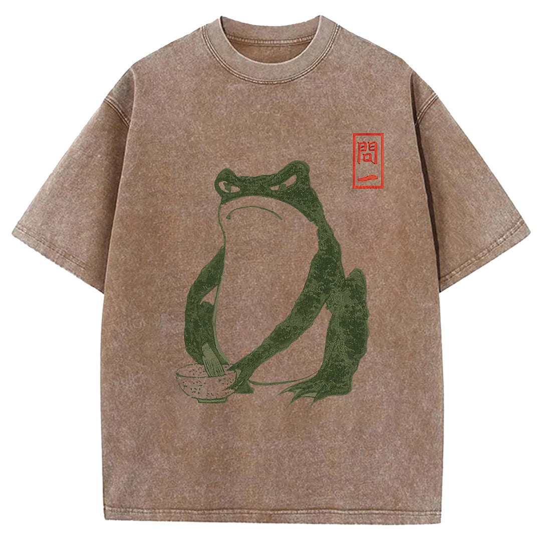 Retro Frog Design Washed Crew Neck T-Shirt