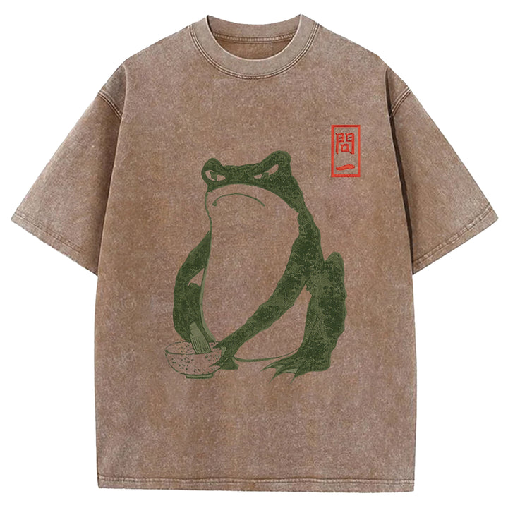 Retro Frog Design Washed Crew Neck T-Shirt