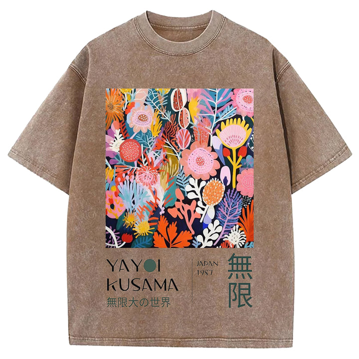 Yayoi Kusama Flowers Vintage Design Washed Crew Neck T-Shirt