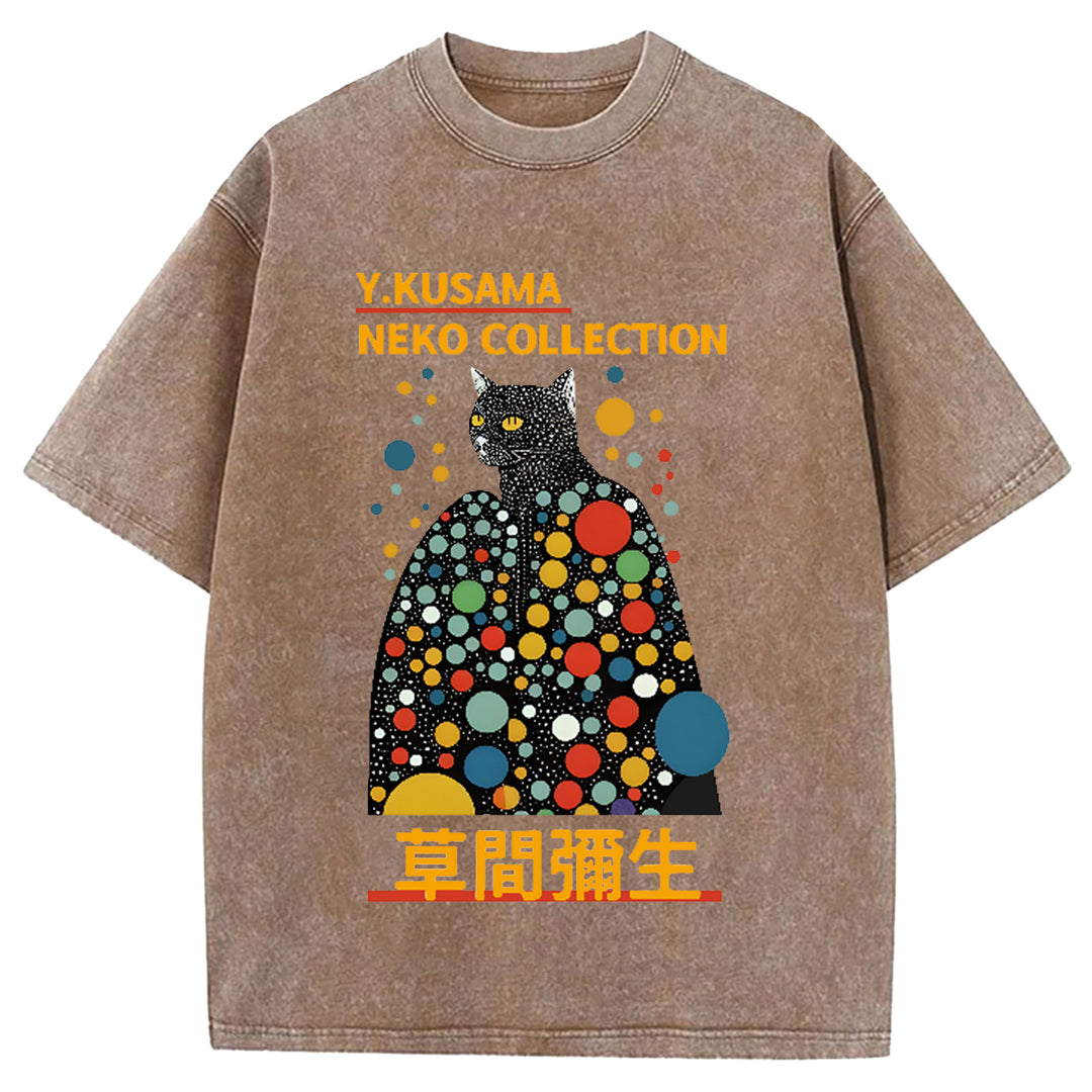 Yayoi Kusama Cat Vintage Japanese Design Washed Crew Neck T-Shirt