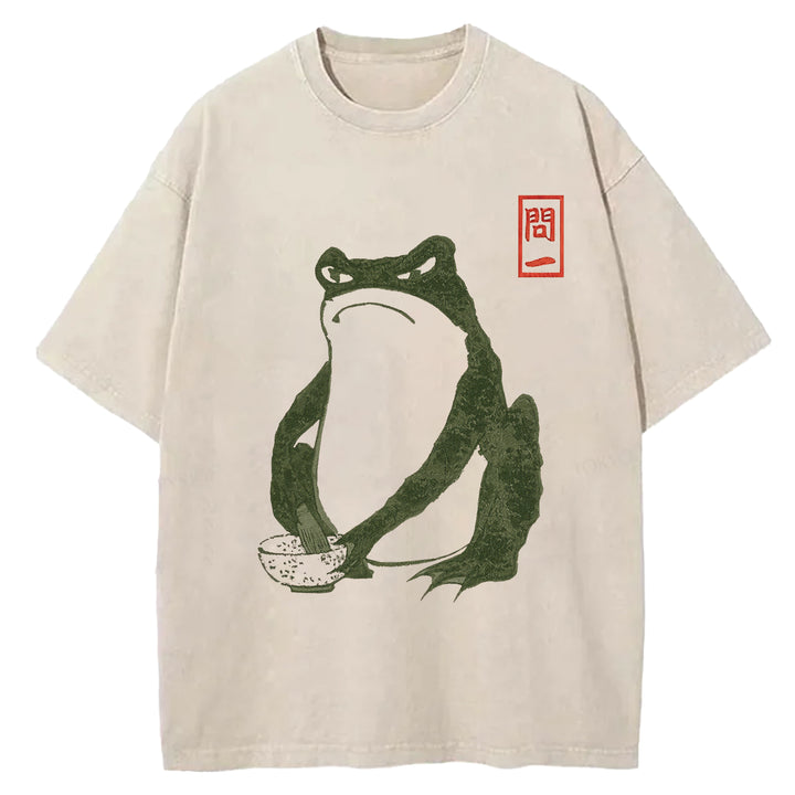 Retro Frog Design Washed Crew Neck T-Shirt