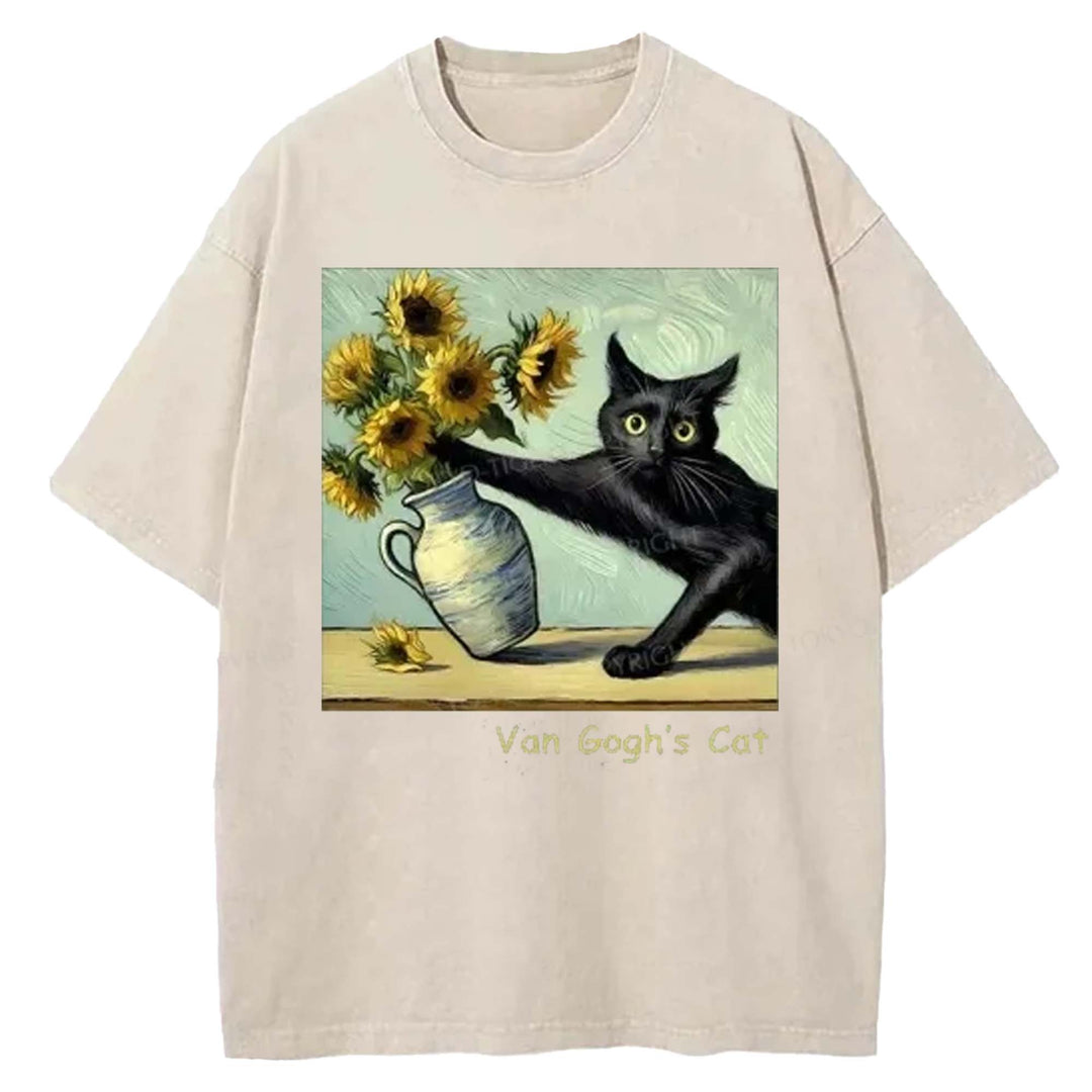 Van Gogh's Cat Washed Crew Neck T-shirt