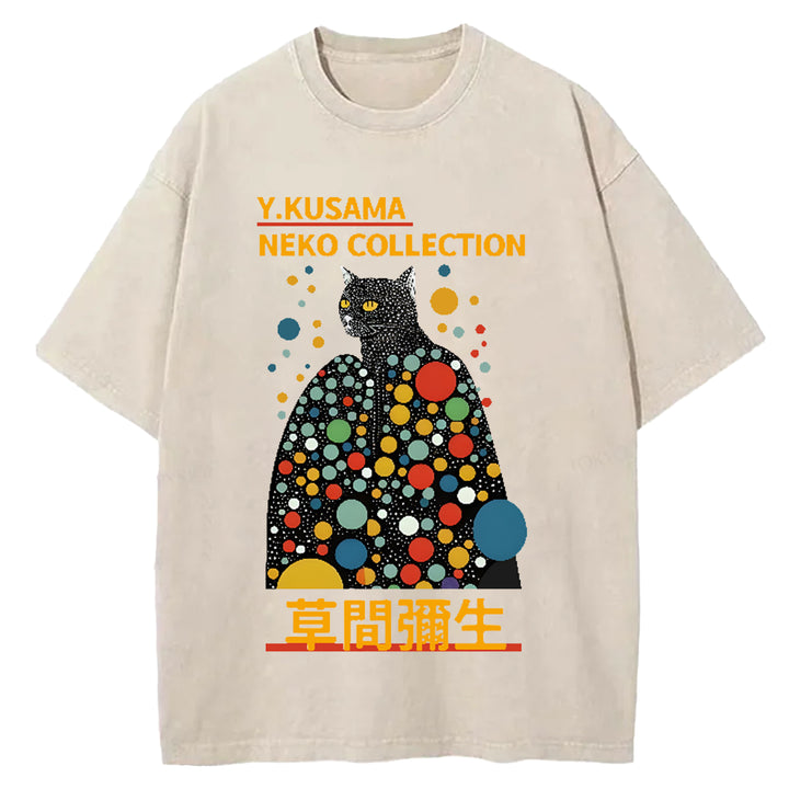 Yayoi Kusama Cat Vintage Japanese Design Washed Crew Neck T-Shirt