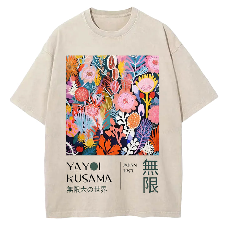 Yayoi Kusama Flowers Vintage Design Washed Crew Neck T-Shirt