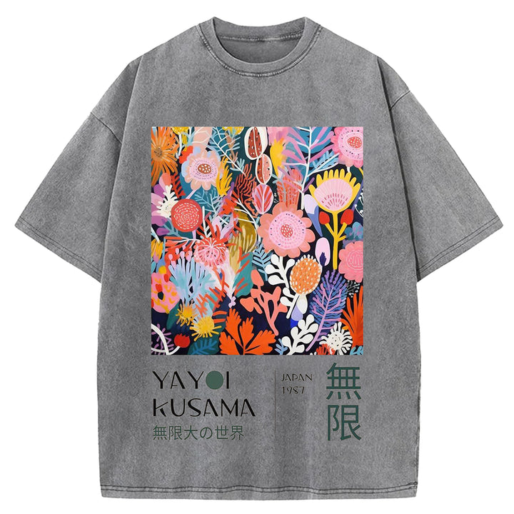 Yayoi Kusama Flowers Vintage Design Washed Crew Neck T-Shirt