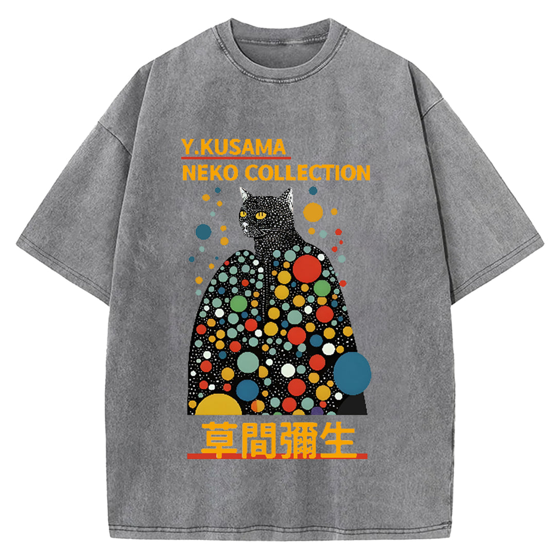 Yayoi Kusama Cat Vintage Japanese Design Washed Crew Neck T-Shirt