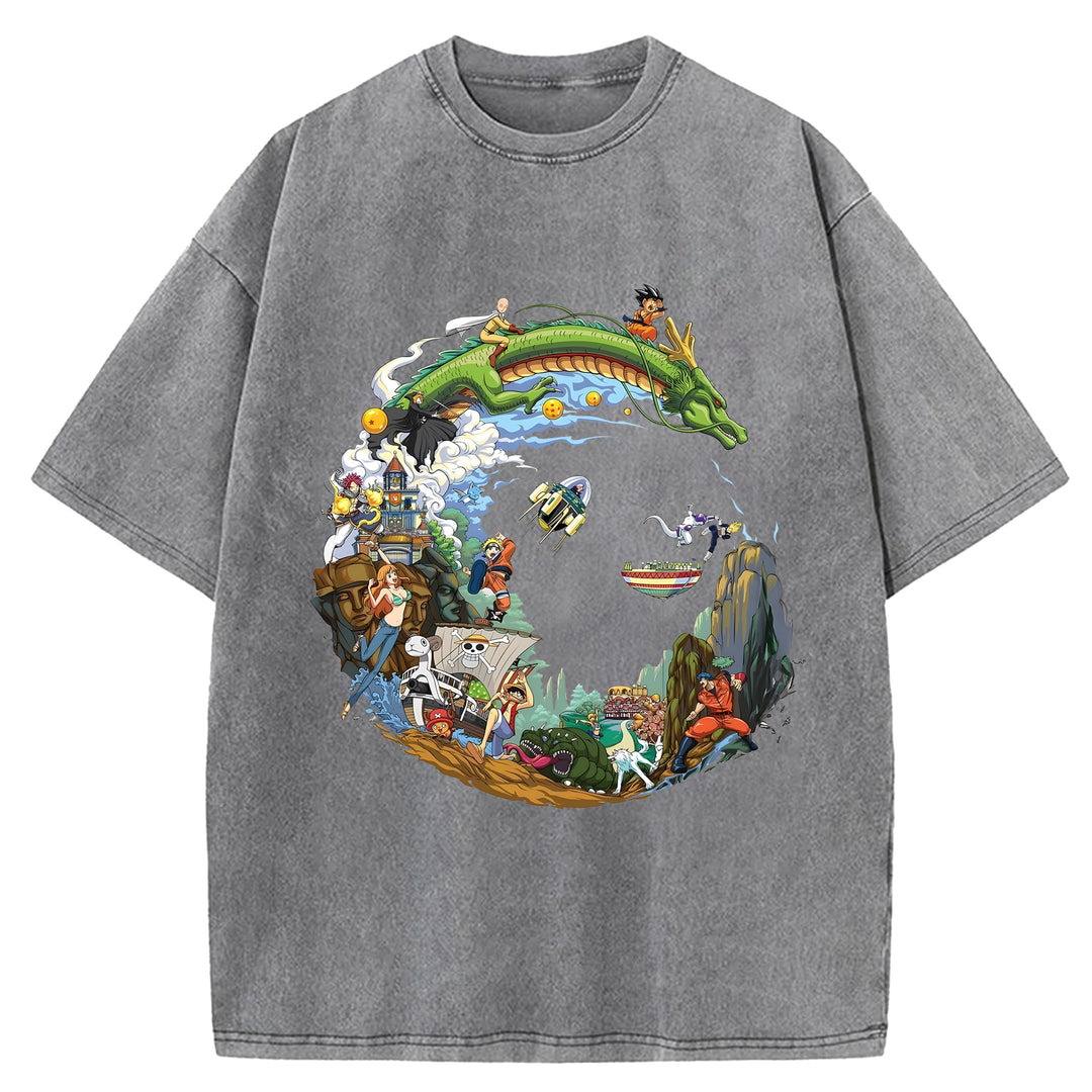 Japanese Anime Collection Washed Crew Neck T-Shirt
