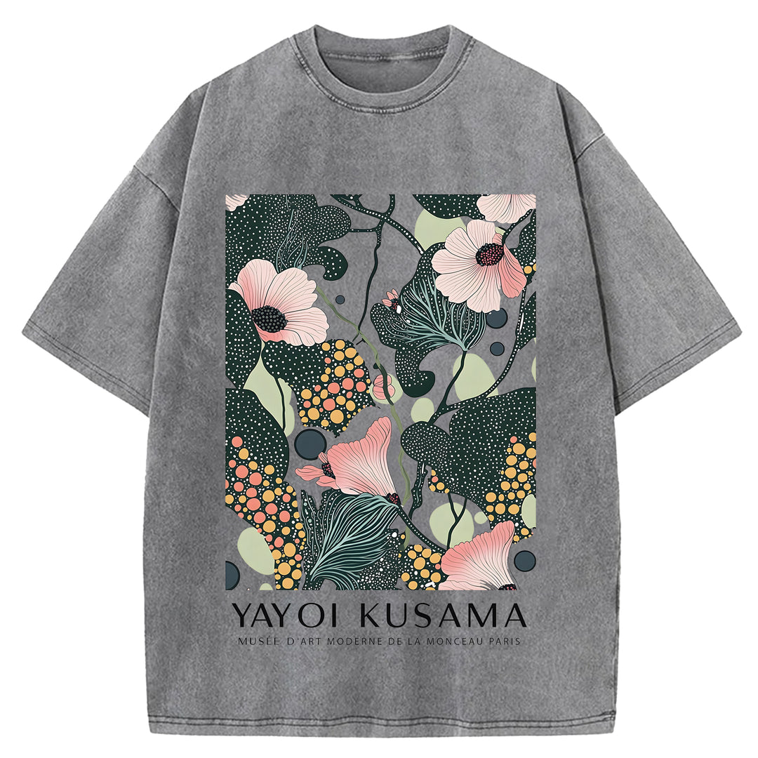 Yayoi Kusama Flower Vintage Design Washed Crew Neck T-Shirt
