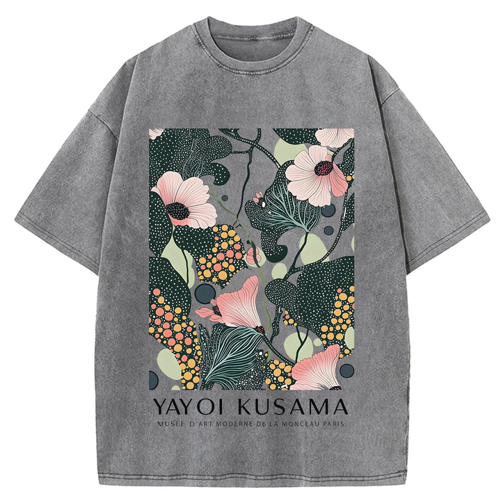 Yayoi Kusama Flower Vintage Design Washed Crew Neck T-Shirt