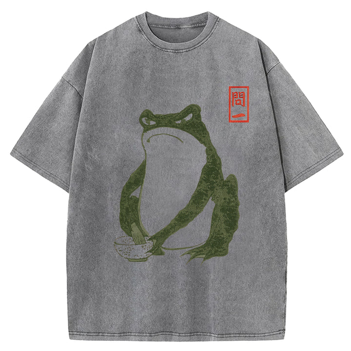 Retro Frog Design Washed Crew Neck T-Shirt