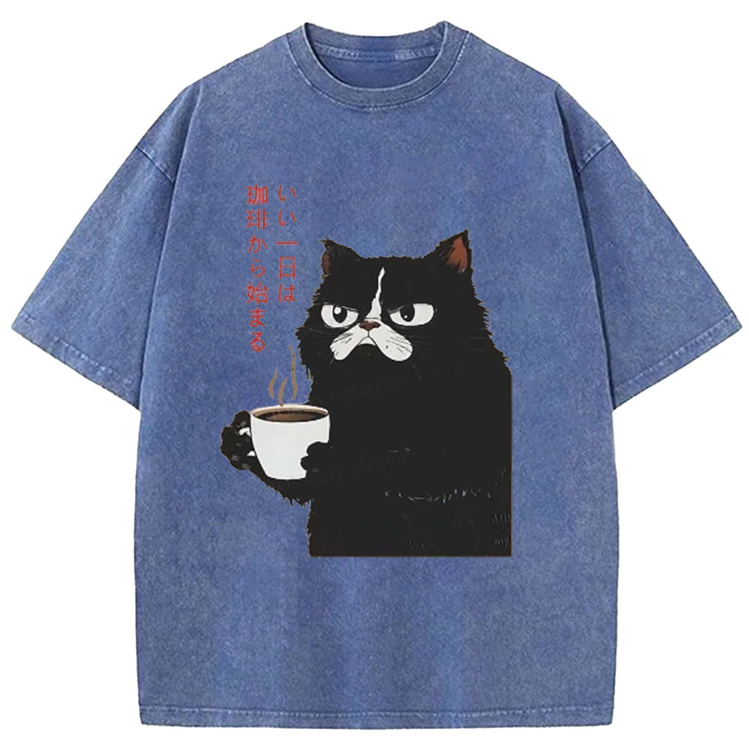 A Good Day Starts With Coffee Washed Crew Neck T-shirt