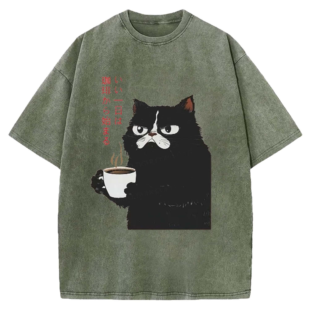 A Good Day Starts With Coffee Washed Crew Neck T-shirt