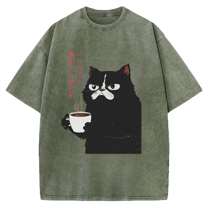 A Good Day Starts With Coffee Washed Crew Neck T-shirt