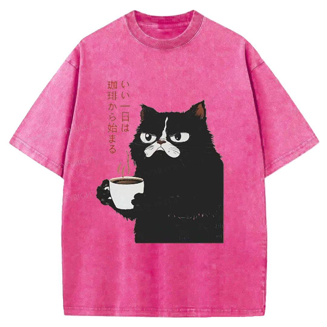 A Good Day Starts With Coffee Washed Crew Neck T-shirt
