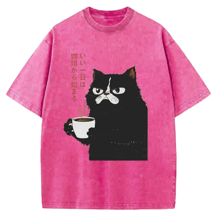A Good Day Starts With Coffee Washed Crew Neck T-shirt