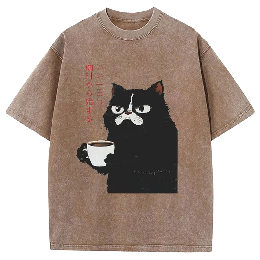 A Good Day Starts With Coffee Washed Crew Neck T-shirt