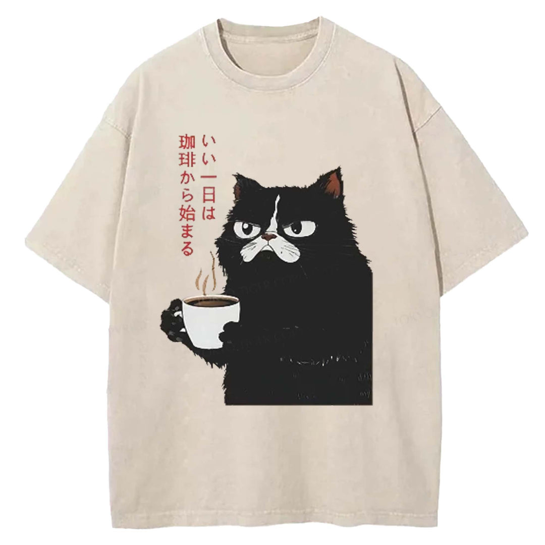 A Good Day Starts With Coffee Washed Crew Neck T-shirt
