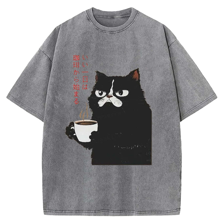 A Good Day Starts With Coffee Washed Crew Neck T-shirt