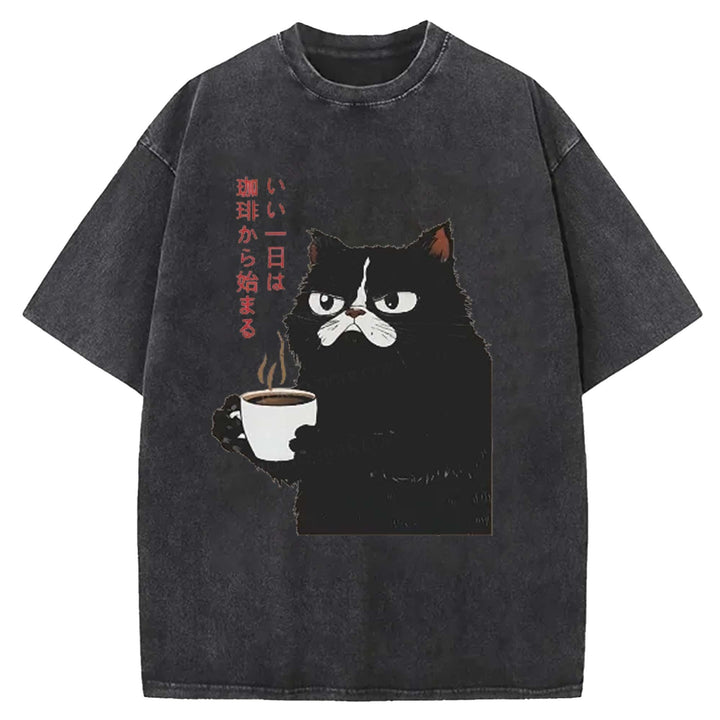 A Good Day Starts With Coffee Washed Crew Neck T-shirt