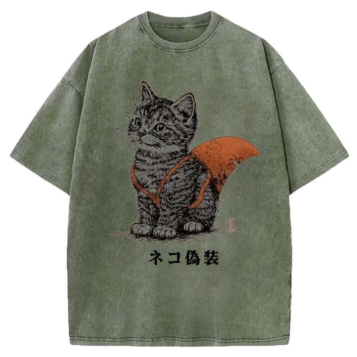 Cat Disguise Washed Crew Neck T-shirt