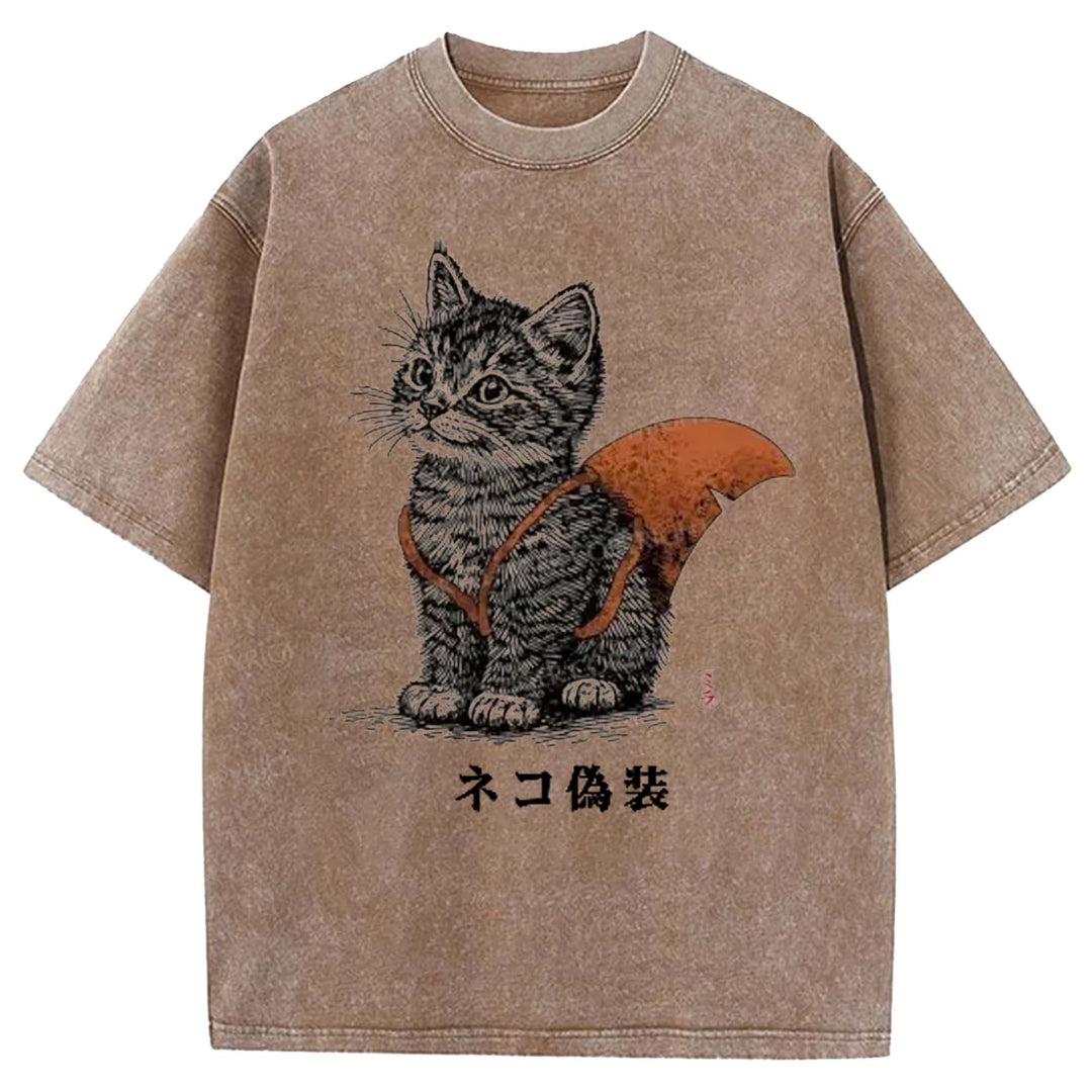 Cat Disguise Washed Crew Neck T-shirt