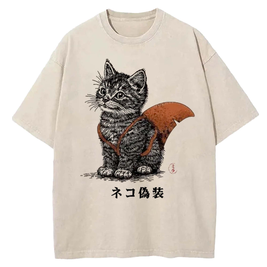 Cat Disguise Washed Crew Neck T-shirt