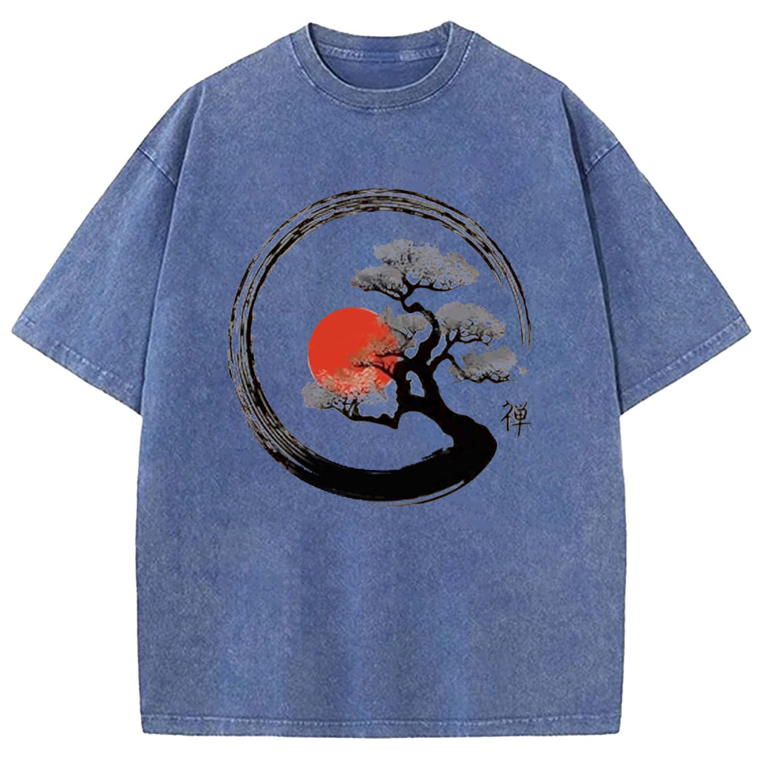 Vintage Sun Behind Trees Washed Crew Neck T-shirt