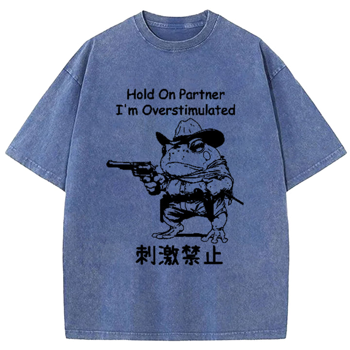 Hold On Partner I'm Overstimulated Washed Crew Neck T-Shirt