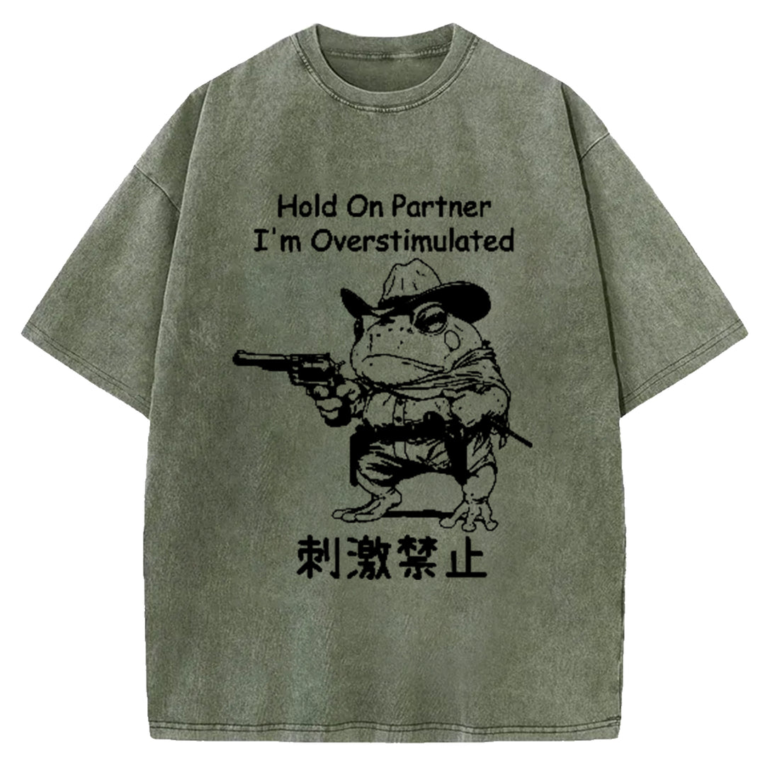 Hold On Partner I'm Overstimulated Washed Crew Neck T-Shirt