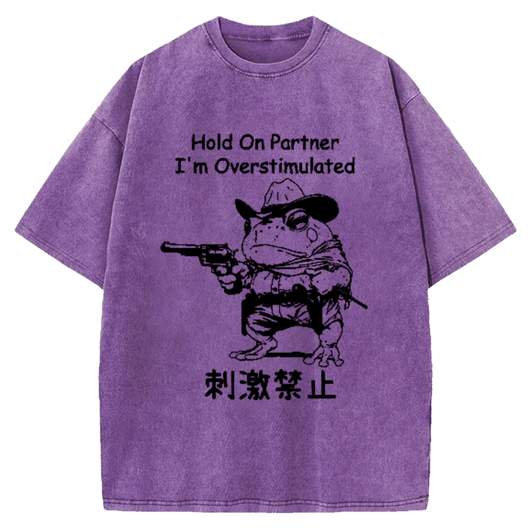 Hold On Partner I'm Overstimulated Washed Crew Neck T-Shirt