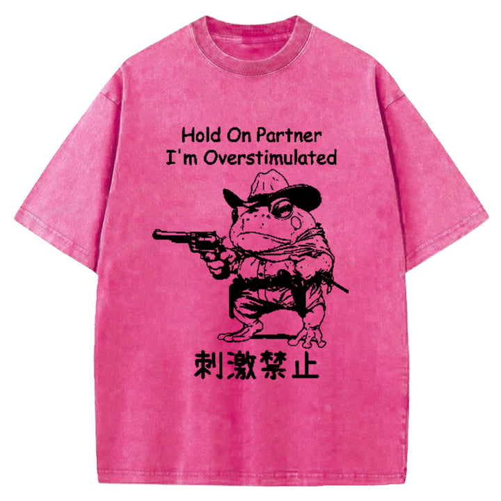 Hold On Partner I'm Overstimulated Washed Crew Neck T-Shirt