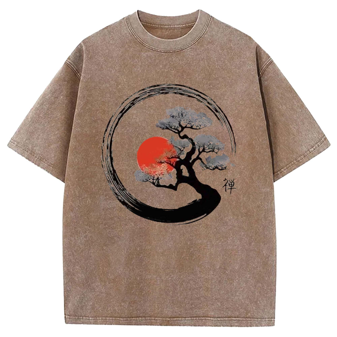 Vintage Sun Behind Trees Washed Crew Neck T-shirt