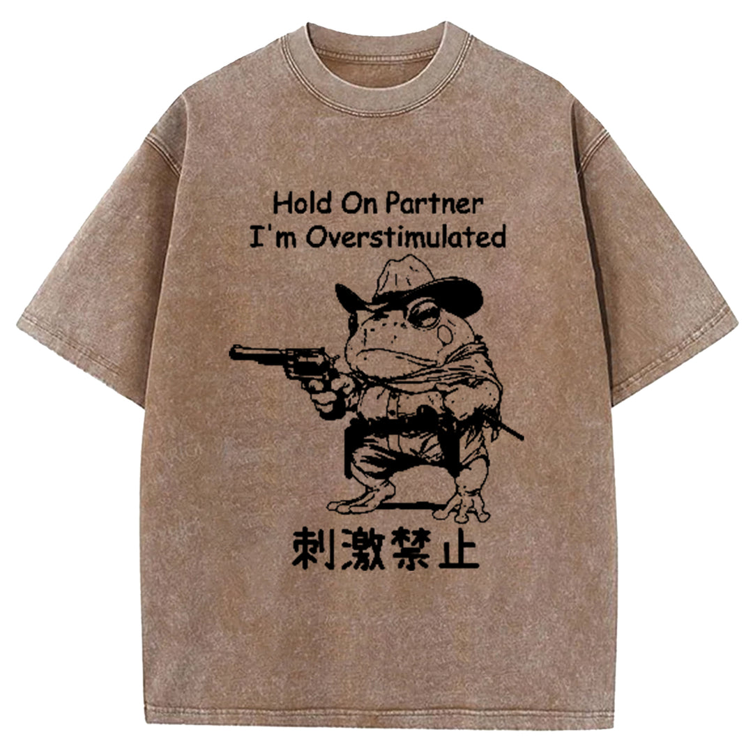 Hold On Partner I'm Overstimulated Washed Crew Neck T-Shirt