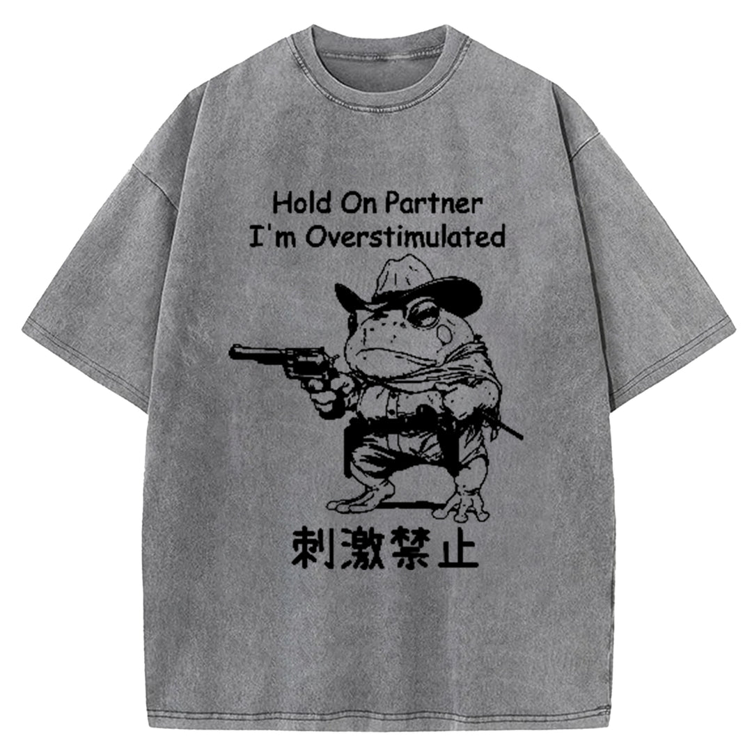 Hold On Partner I'm Overstimulated Washed Crew Neck T-Shirt