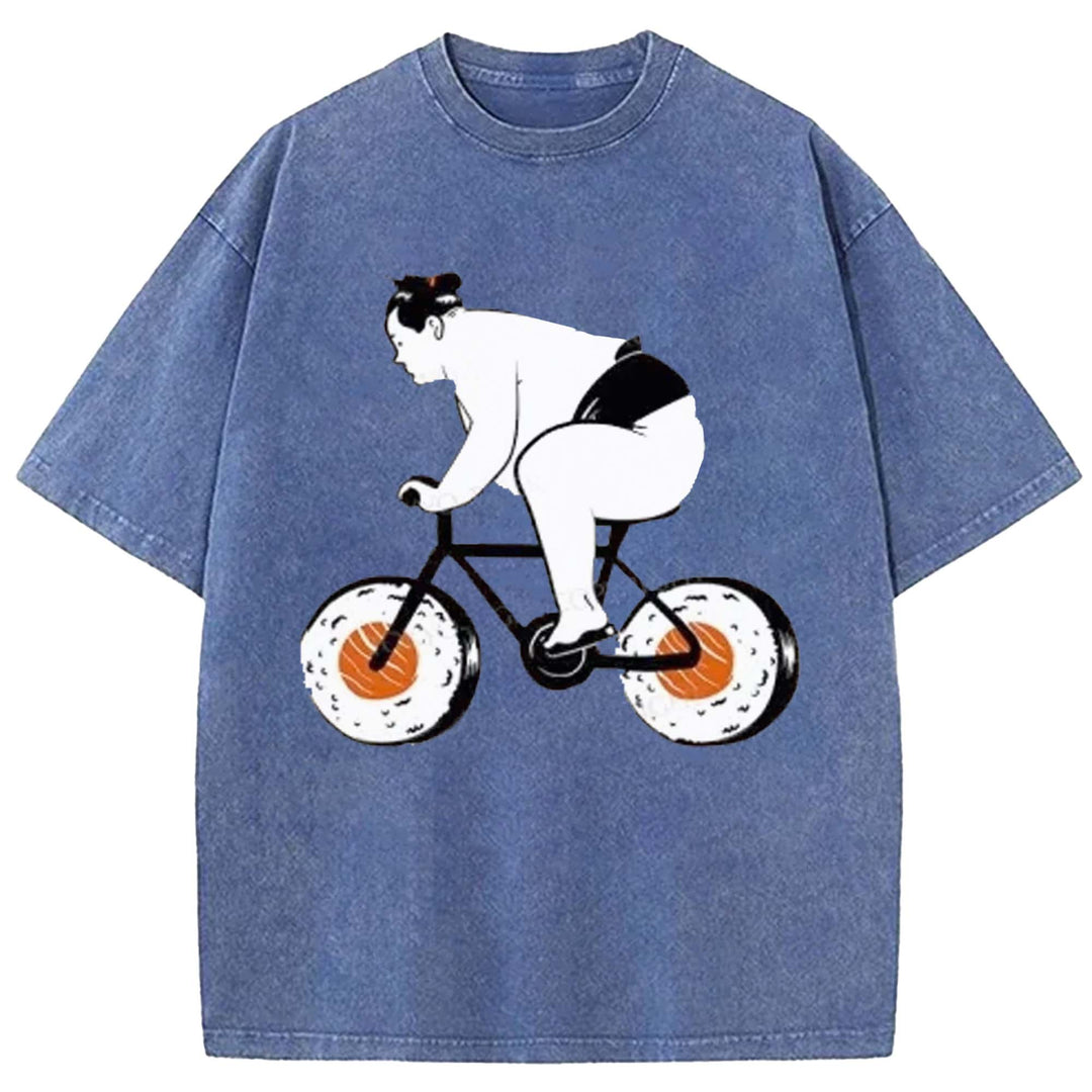 Sumo Riding A Sushi Bike Washed Crew Neck T-shirt