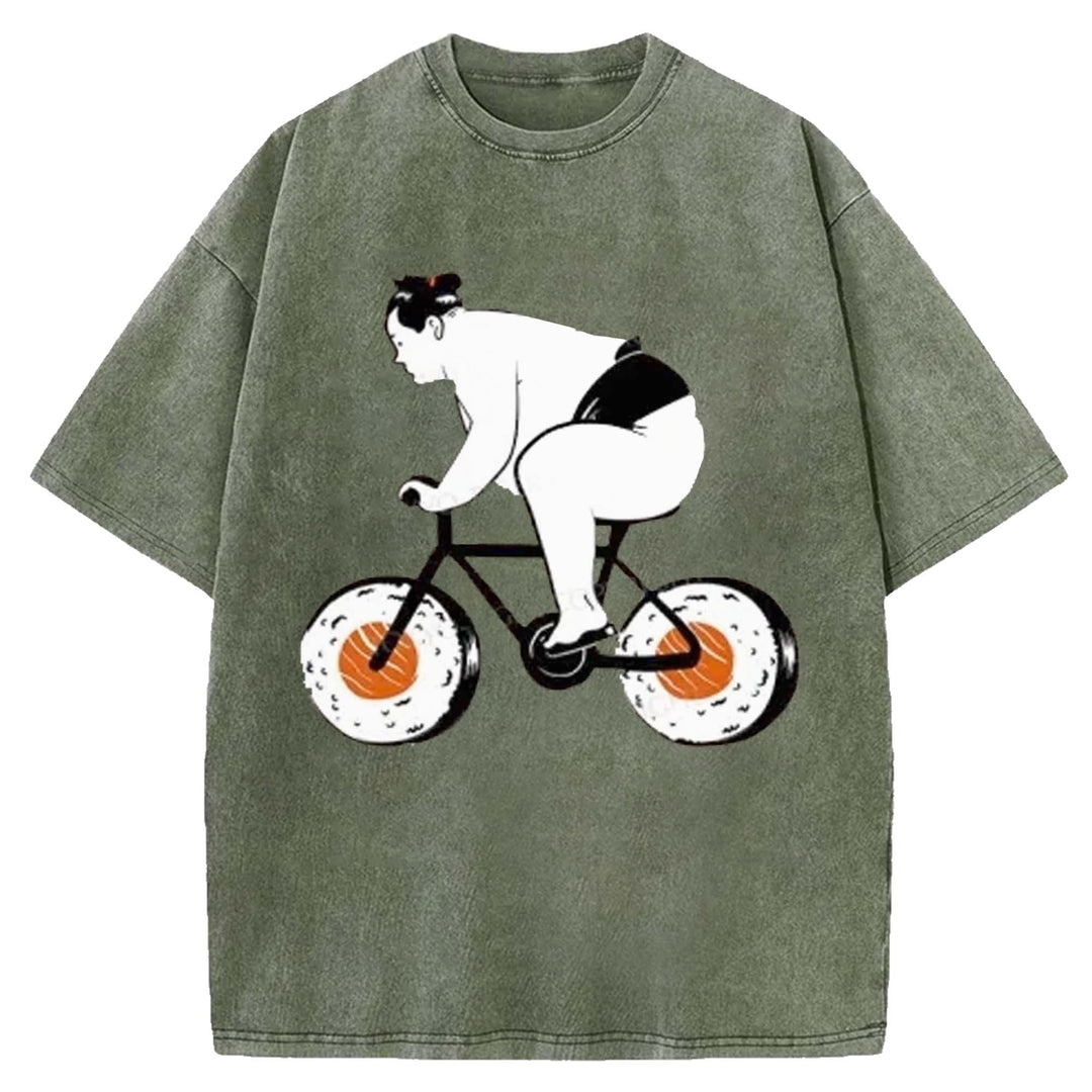 Sumo Riding A Sushi Bike Washed Crew Neck T-shirt