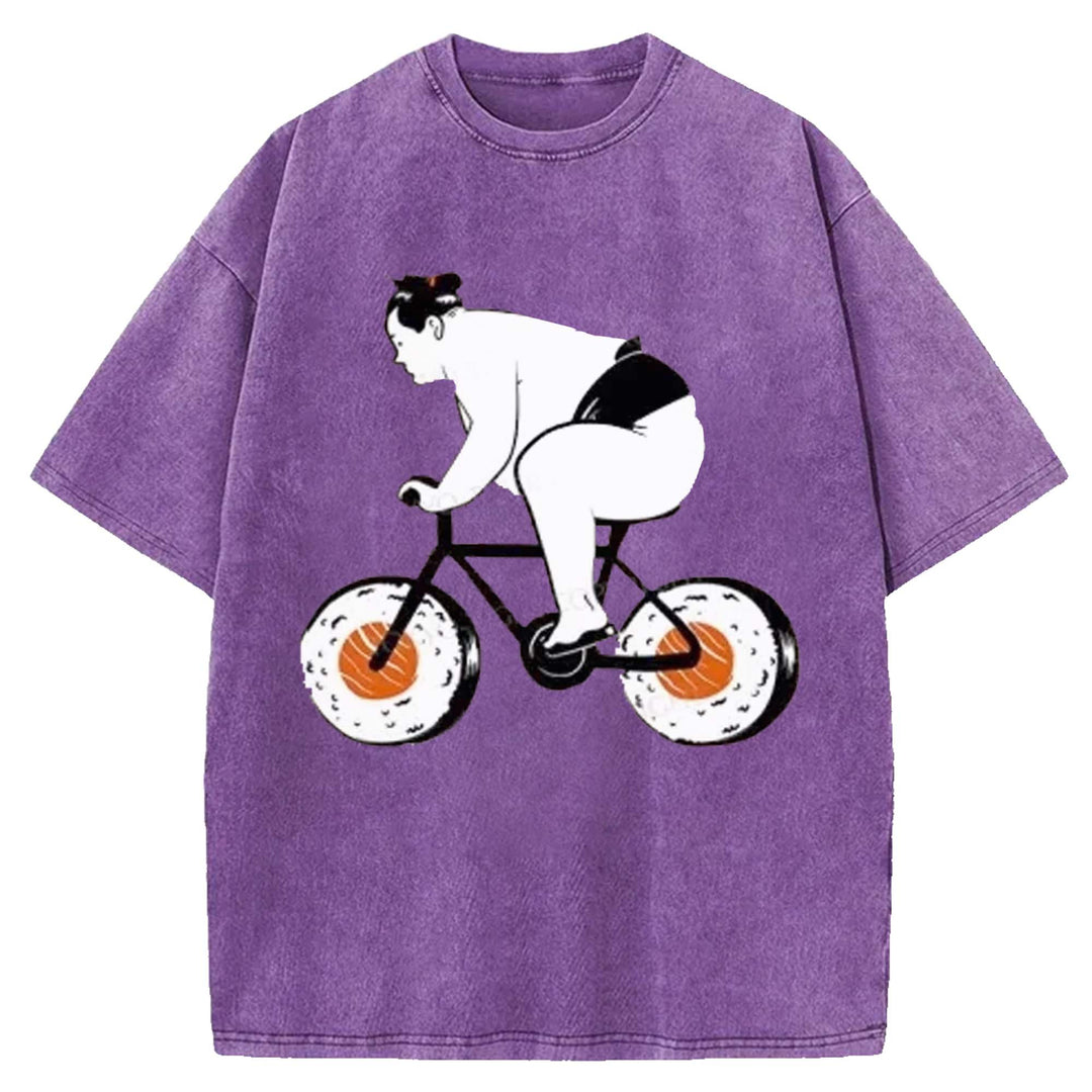 Sumo Riding A Sushi Bike Washed Crew Neck T-shirt