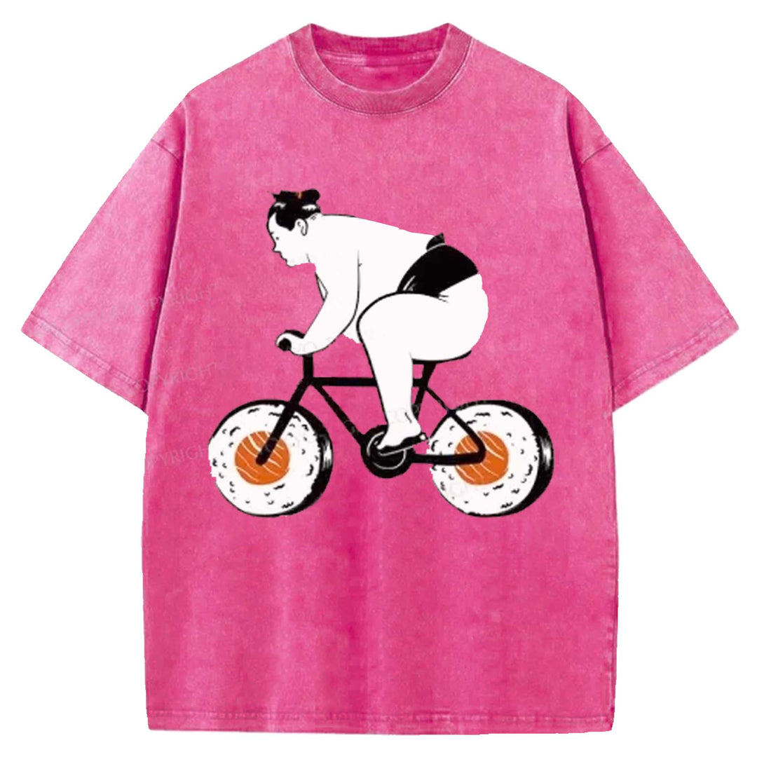 Sumo Riding A Sushi Bike Washed Crew Neck T-shirt