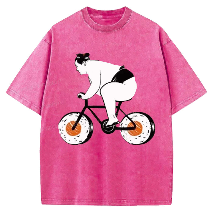 Sumo Riding A Sushi Bike Washed Crew Neck T-shirt