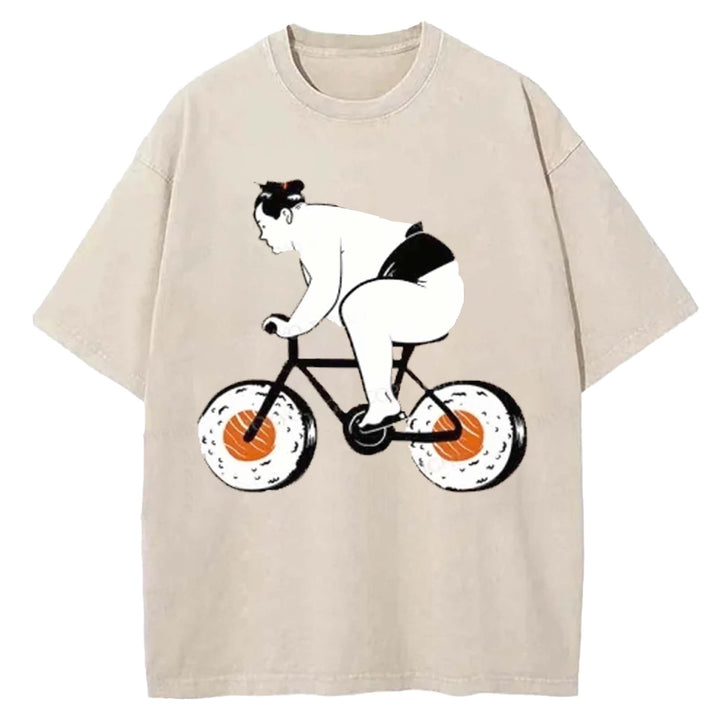 Sumo Riding A Sushi Bike Washed Crew Neck T-shirt