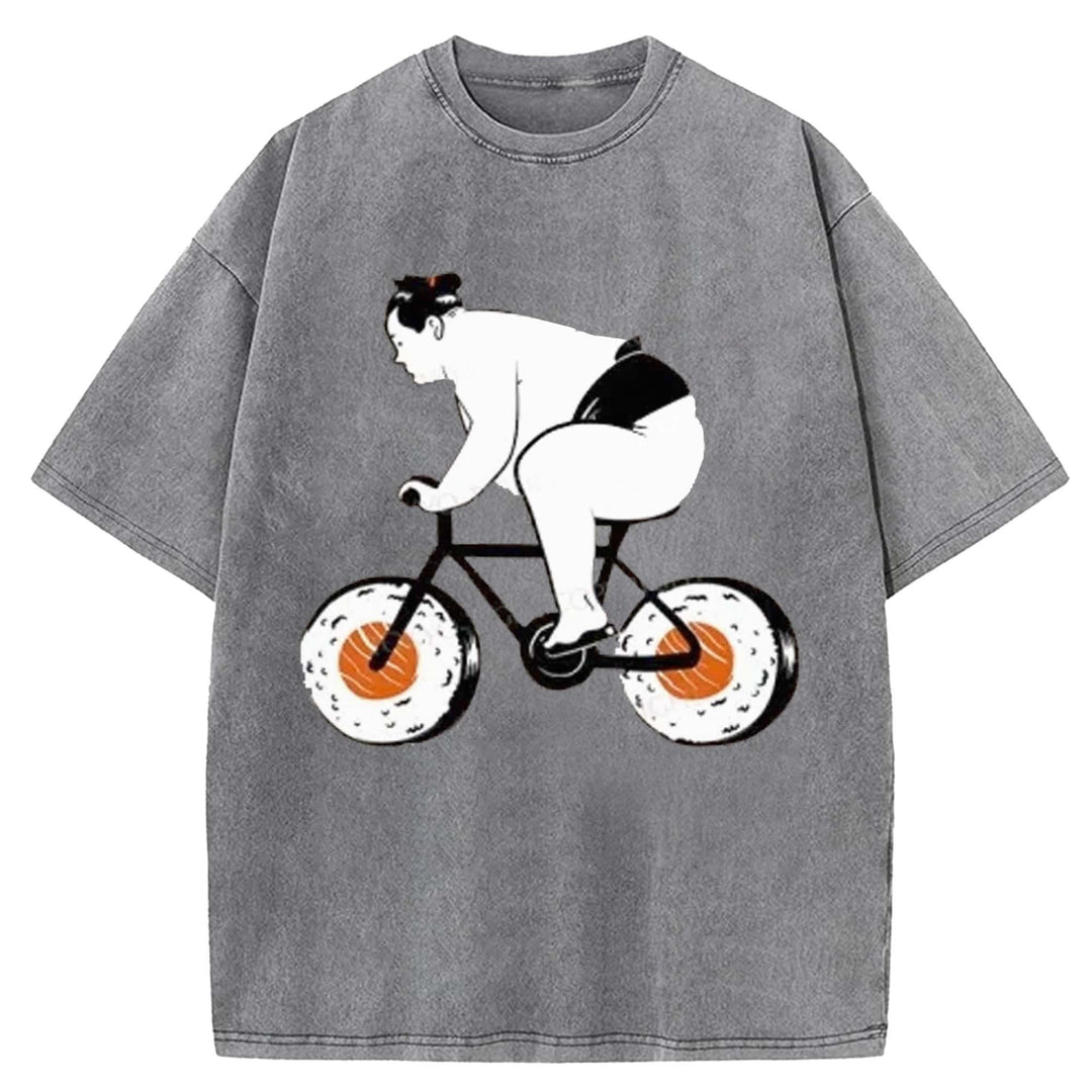 Sumo Riding A Sushi Bike Washed Crew Neck T-shirt